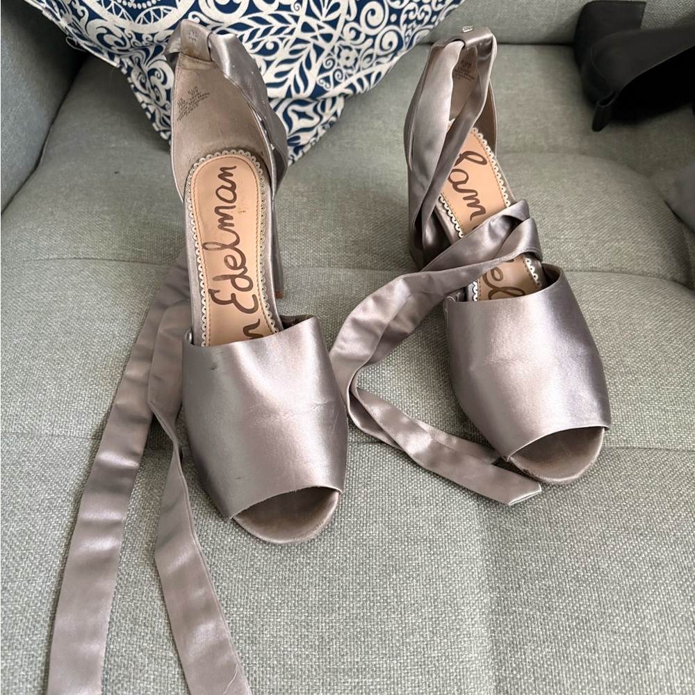Sam Edelman Satin Peep-Toe Ankle Tie Heels in Silver